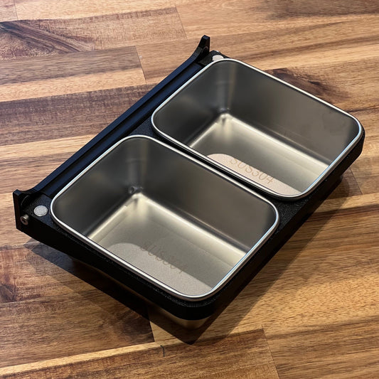 Double cat/dog bowl for water/croquettes, compact and foldable wall-mounted